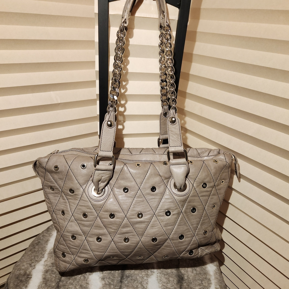 PULICATI Gray Quilted LEATHER Shoulder Bag with Chain Straps